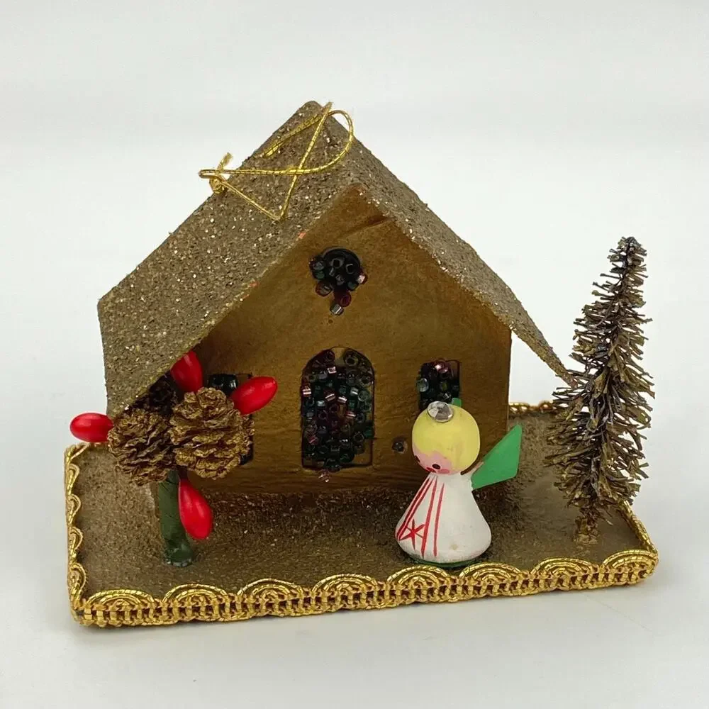 Vintage Miniature Putz Christmas House Mica Glitter Ornament Gold Stained Glass